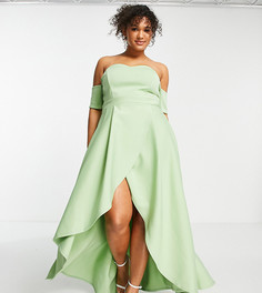Шалфейно-зеленое платье с открытыми плечами и асимметричной юбкой True Violet Plus-Зеленый цвет