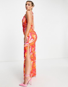 Атласное платье макси с волнистым принтом цвета фуксии и оранжевого цвета и акцентной деталью на спине NaaNaa-Розовый цвет