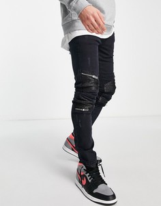 Черные джинсы со рваной отделкой и вставками из искусственной кожи на коленях Sixth June-Черный