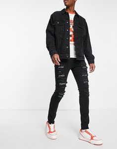 Зауженные джинсы черного цвета со рваной отделкой и заплатками в стиле банданы Sixth June-Черный
