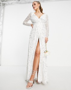 Свадебное платье макси цвета слоновой кости с декоративной отделкой и шлейфом Lace & Beads-Белый