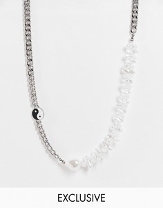 Серебристое ожерелье в стиле унисекс с отделкой жемчугом и подвеской с символом инь-ян Reclaimed Vintage Inspired-Серебристый
