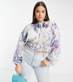Присборенный топ с пышными рукавами на манжетах и цветочным принтом ASOS EDITION Curve-Разноцветный