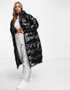 Черный удлиненный пуховик с эффектом мокрой ткани ellesse-Черный цвет