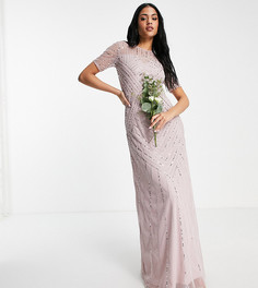 Платье макси приглушенного лилового цвета с короткими рукавами и декоративной отделкой Frock and Frill Tall Bridesmaid-Розовый цвет