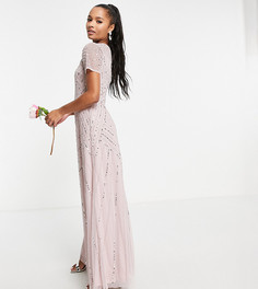 Платье макси приглушенного лилового цвета с короткими рукавами и декоративной отделкой Frock and Frill Petite Bridesmaid-Розовый цвет