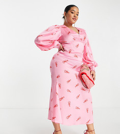 Платье макси с пышными рукавами и принтом омаров Never Fully Dressed Plus-Розовый цвет