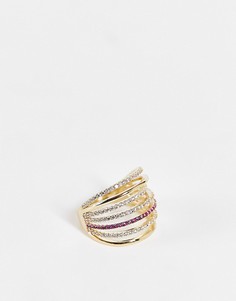 Золотистое кольцо из нескольких рядов со стразами цвета фуксии Nali-Разноцветный