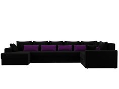Диван п-образный Майами Микровельвет Черный с черными и фиолетовыми подушками Bravo