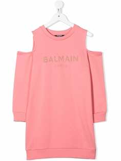 Balmain Kids платье с открытыми плечами и логотипом