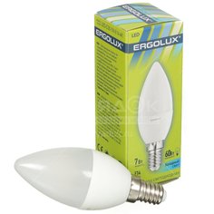Лампа светодиодная E14, 7 Вт, 60 Вт, свеча, 4500 К, свет холодный белый, Ergolux