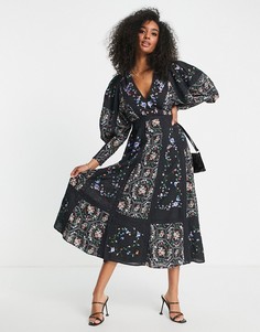 Черное платье миди с цветочной вышивкой и кружевными вставками ASOS EDITION-Черный цвет