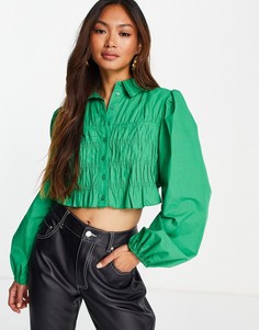 Зеленая поплиновая рубашка со сборками и воротником в стиле 70-х Topshop-Зеленый цвет