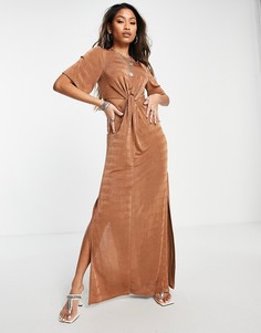 Струящиеся трикотажное платье макси с узлом и вырезами цвета мокка Topshop-Коричневый цвет
