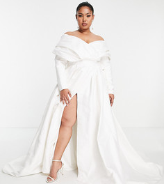 Фактурное свадебное платье из атласной ткани со спущенными плечами и пышной юбкой ASOS EDITION Curve Lola-Белый