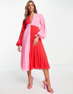 Платье миди из ткани добби в стиле колор блок с перекрученной деталью спереди и плиссированной юбкой ASOS DESIGN-Разноцветный