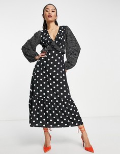 Черно-белое платье миди с разными принтами в горошек New Look-Черный