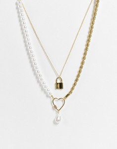 Золотистое ожерелье-цепочка с искусственным жемчугом и подвесками в виде сердца и замочка Pieces Valentines-Золотистый