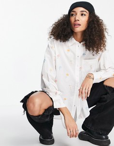 Белая рубашка в стиле oversized с вышивкой цветов Topshop-Белый