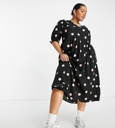 Черное платье миди в горошек с присборенной юбкой New Look Curve-Красный