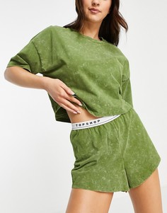 Пижамный комплект цвета хаки с фирменной отделкой и эффектом кислотной стирки Topshop-Зеленый цвет