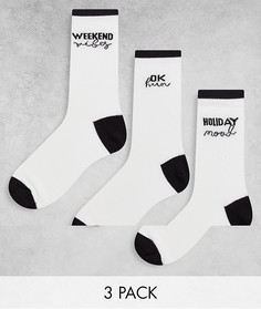 Набор из 3 пар белых спортивных носков с надписью "Weekend Vibes" Threadbare-Белый
