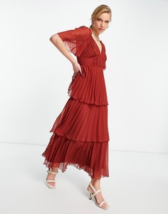 Плиссированное платье миди из ткани добби рыжего цвета с ярусной юбкой ASOS DESIGN-Коричневый цвет