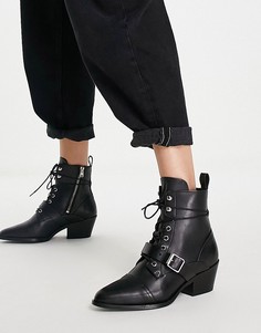 Черные кожаные ботинки на каблуке со шнуровкой и пряжкой AllSaints-Черный