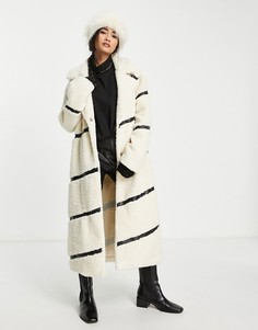 Кремовое пальто из искусственного меха со вставками из искусственной кожи River Island-Белый