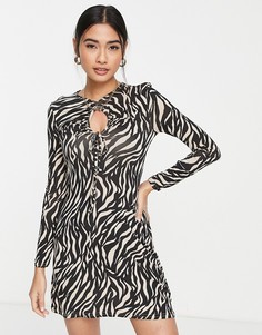 Присборенное платье мини с вырезом капелькой и зебровым принтом River Island-Черный