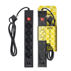Сетевые фильтры с USB сетевой фильтр DUWI с выключателем 1,5м 5 гнезд 3х0,75кв.мм с/з 2USB черный