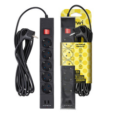 Сетевые фильтры с USB сетевой фильтр DUWI с выключателем 5м 5 гнезд 3х0,75кв.мм с/з 2USB черный