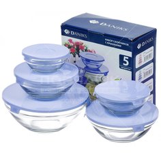 Салатник стекло, круглый, 5 шт, 9 см, 10.3 см, 12.5 см, 14 см, 17 см см, с крышкой, Daniks, голубой