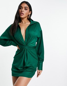 Атласное платье изумрудно-зеленого цвета с узлом спереди In The Style x Syd & El-Голубой