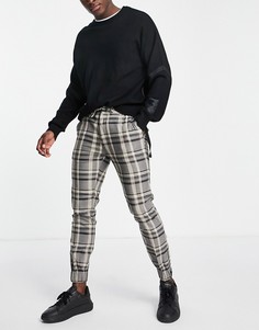 Бежевые зауженные брюки-джоггеры в клетку с манжетами на молнии Topman-Светло-бежевый цвет