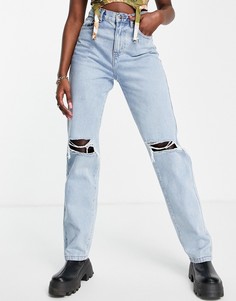 Очень длинные выбеленные джинсы со рваными коленями Rebellious Fashion-Голубой
