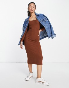 Шоколадное платье миди в рубчик с квадратным вырезом и начесом Miss Selfridge-Коричневый цвет
