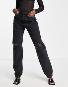 Очень длинные джинсы угольного цвета с рваной отделкой на коленях Rebellious Fashion-Черный