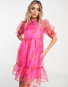 Платье мини из органзы с присборенной юбкой и принтом со смайликами в виде сердечек Twisted Wunder-Розовый цвет