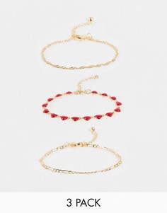 Набор из 3 браслетов для Дня св. Валентина с красными сердечками и золотистыми цепочками ASOS DESIGN Valentines-Золотистый