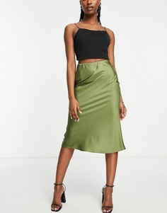 Атласная юбка миди косого кроя цвета хаки Miss Selfridge-Зеленый цвет