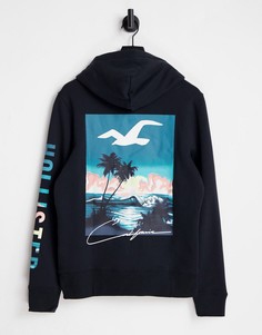 Черный худи с пейзажным принтом сзади Hollister