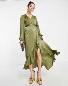 Платье макси цвета хаки с длинными рукавами и запахом Flounce London-Зеленый цвет