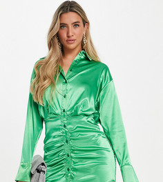 Зеленое атласное платье-рубашка со сборками ASYOU-Зеленый цвет
