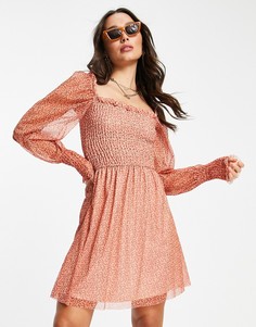 Платье мини из присборенной сетки с красным цветочным принтом River Island-Красный