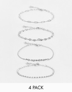 Набор из 4 серебристых браслетов-цепочек из тонких звеньев с кристаллами ASOS DESIGN-Серебристый