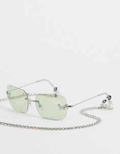 Зеленые солнцезащитные очки без оправы с цепочкой на шею и отделкой в виде бабочек River Island-Зеленый цвет