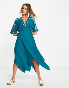 Бирюзовое платье миди с присборенной юбкой, V-образным вырезом и вышивкой En Crème-Голубой
