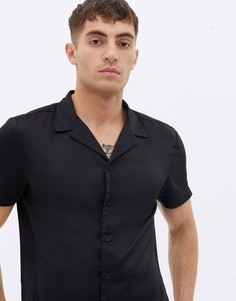 Черная атласная рубашка с отложным воротником и короткими рукавами New Look-Черный цвет