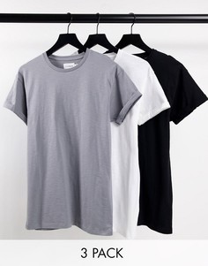 Набор из 3 футболок зауженного кроя с отворотами на рукавах черного, серого и белого цвета Topman-Разноцветный